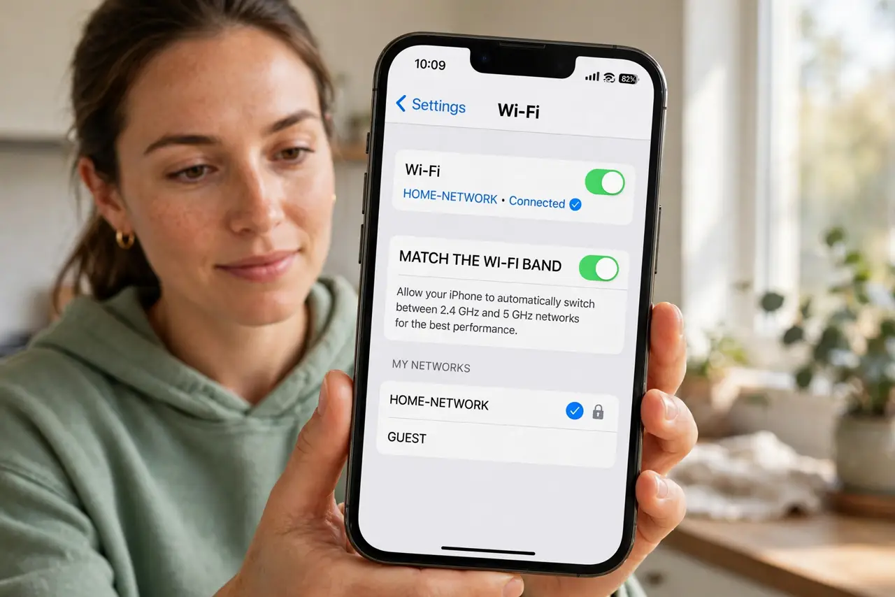 A person calmly performing the guide's first step: Match the Wi-Fi band.