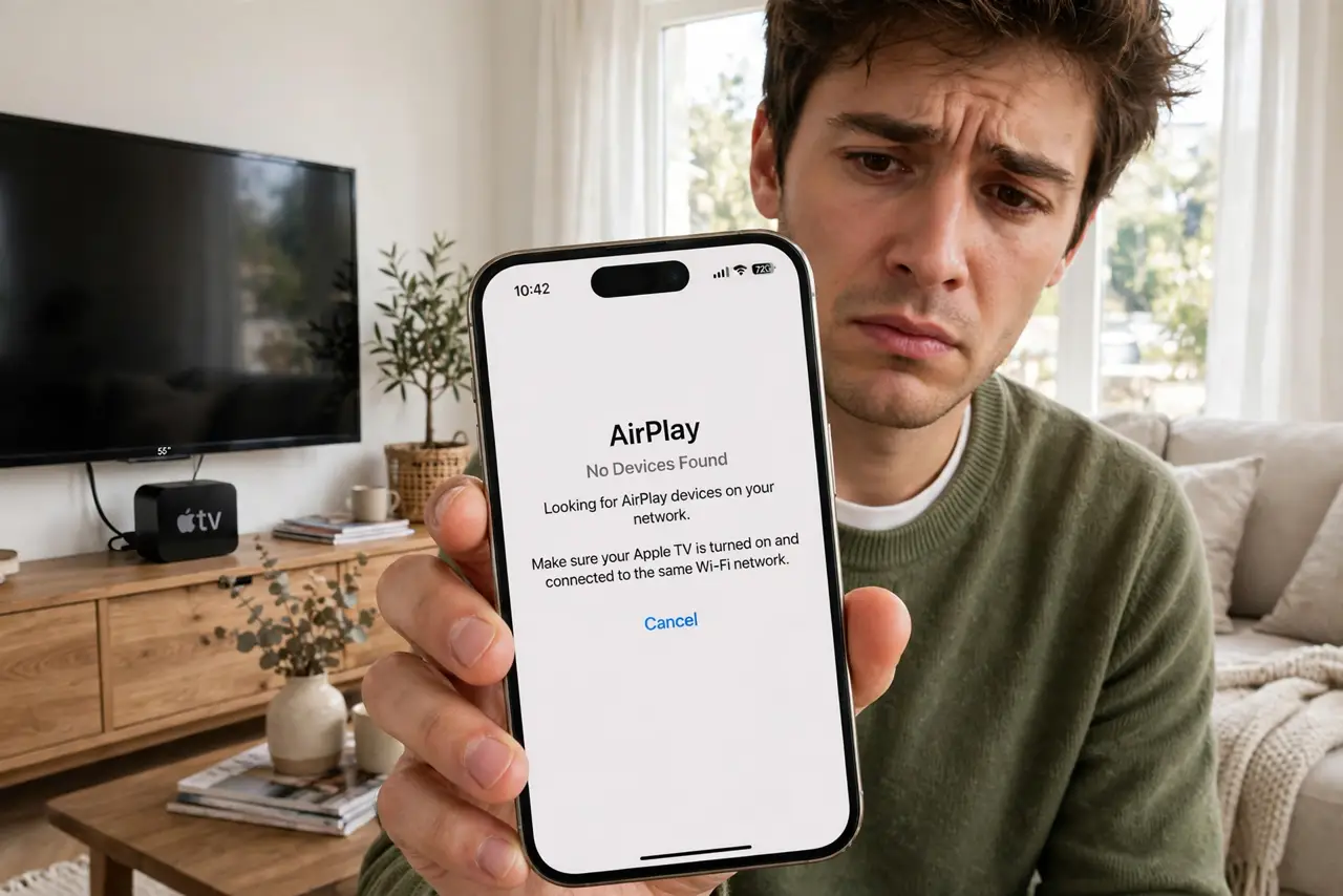a person holding a real iPhone showing the AirPlay device list empty, a real Apple TV visible under the television, the person's face puzzled, living room. No black screen, no blan.