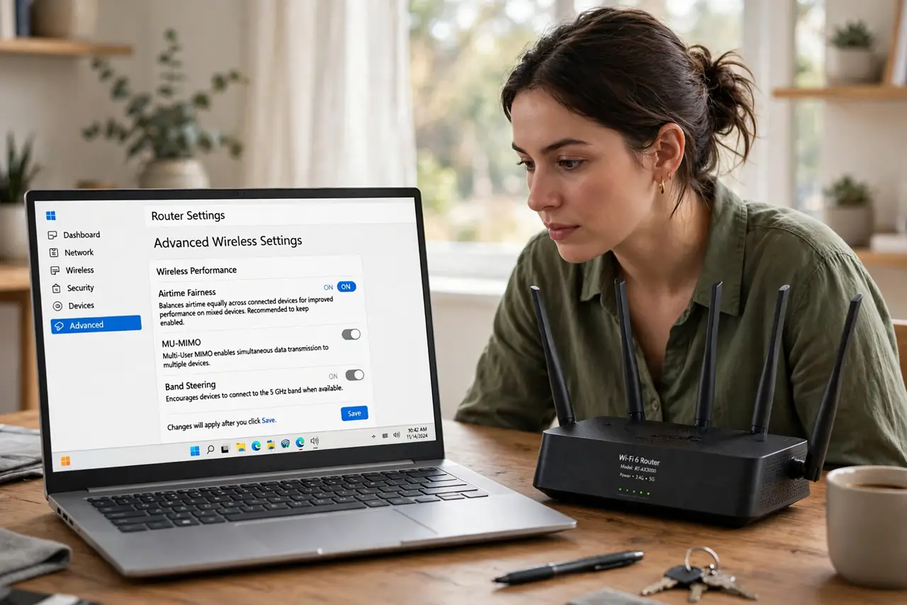 A person viewing a real router's advanced wireless settings on a laptop, the Airtime Fairness toggle fully legible on screen, a real router with antennas beside the laptop.