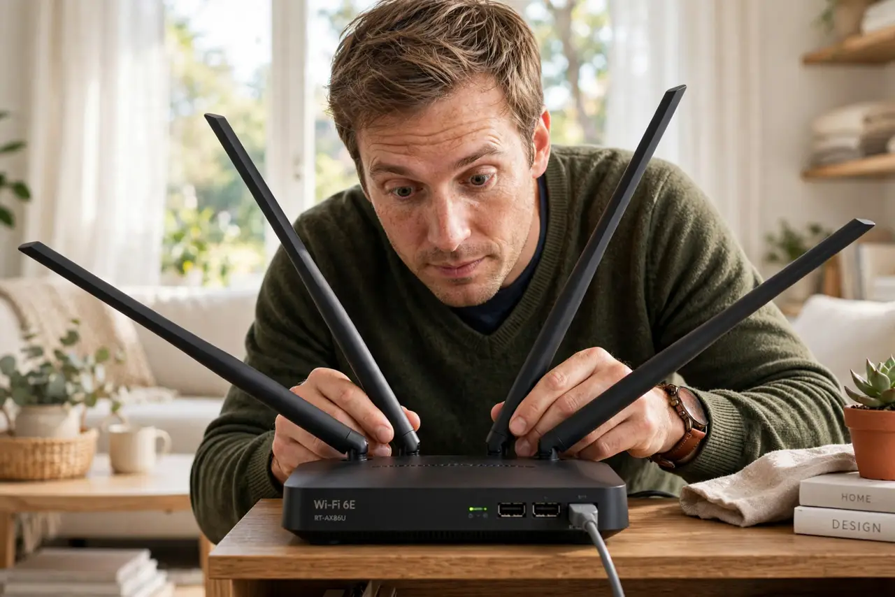 a person adjusting real router antennas into mixed angles, fanned like a peacock, the router on an open shelf, the person's face experimentally curious, living room.