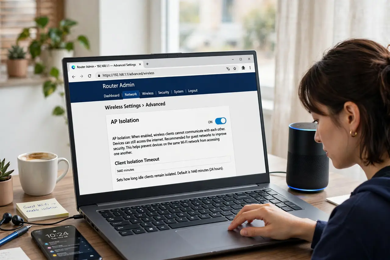 A person toggling AP isolation in a real router's advanced settings on a laptop, the setting description fully legible, a smart speaker and phone on the desk nearby.