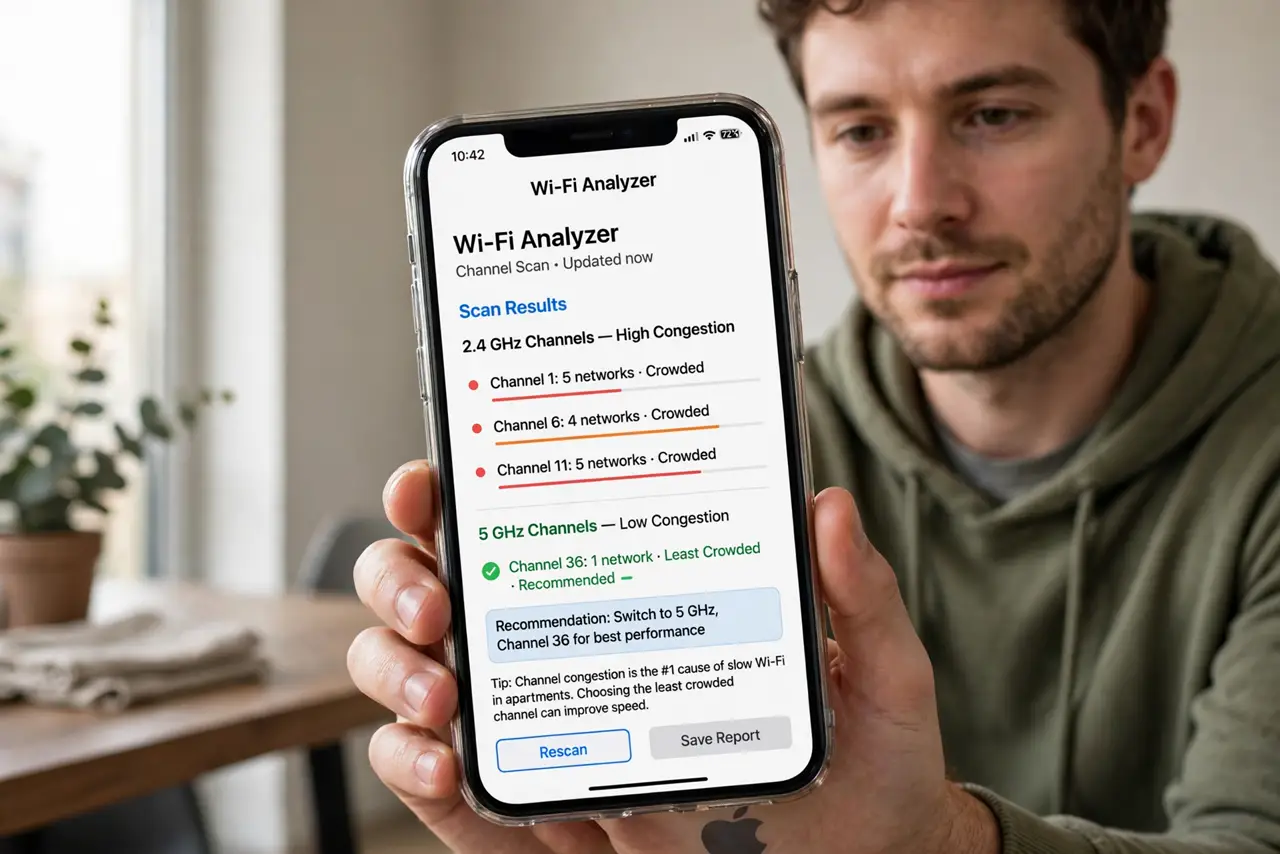A person performing the first step of the guide: Scan for the least crowded channel.