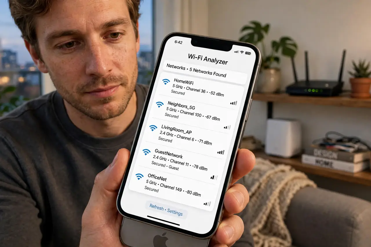 a person in a real apartment living room holding a phone showing a Wi-Fi analyzer screen with a legible network list, a router visible on a shelf, the person's face thoughtful, evening light.