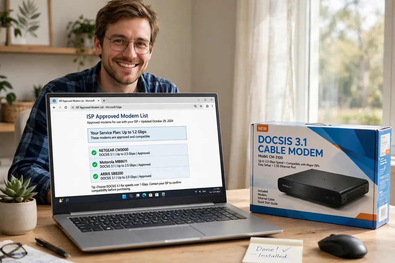 A person at a desk with a real laptop showing an ISP approved-modem list page with legible text, a new modem box beside it, the person's face satisfied, home office.