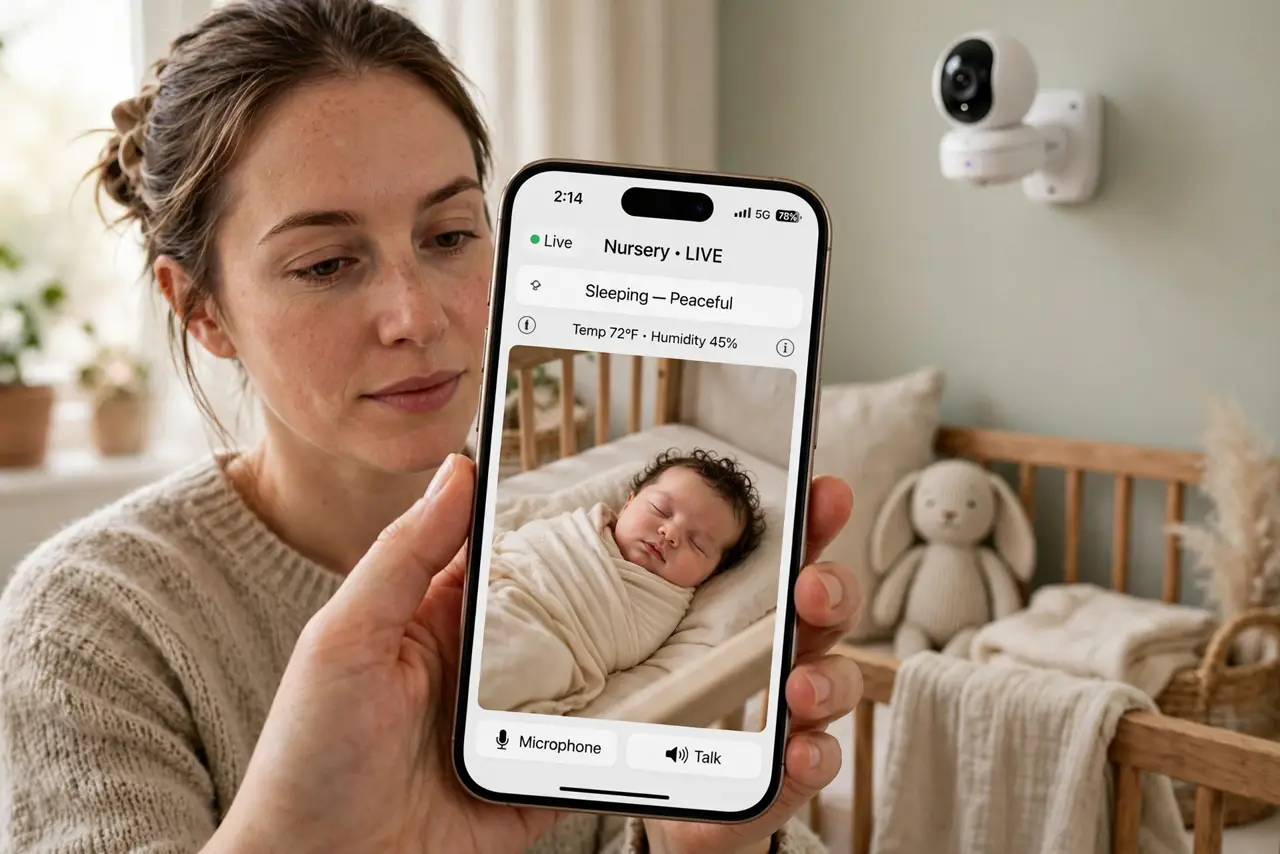 a parent holding a real smartphone showing a live baby monitor feed with a legible clear image of a sleeping baby, a real camera mounted on the nursery wall, the parent's face calm, soft nursery lighting.