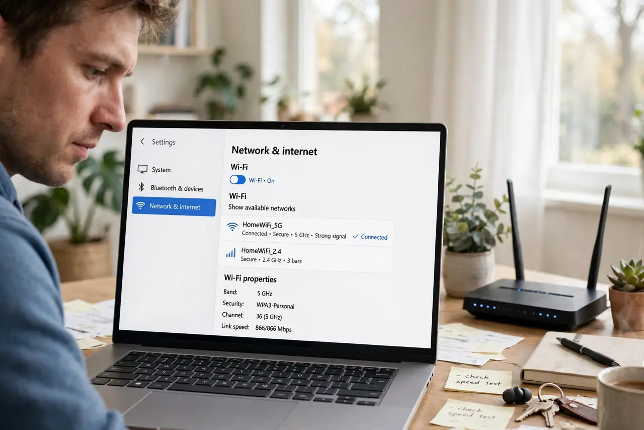 A person looking at a real laptop showing Wi-Fi settings with legible band information, a modern router on the desk, the person's face thoughtful, home office.