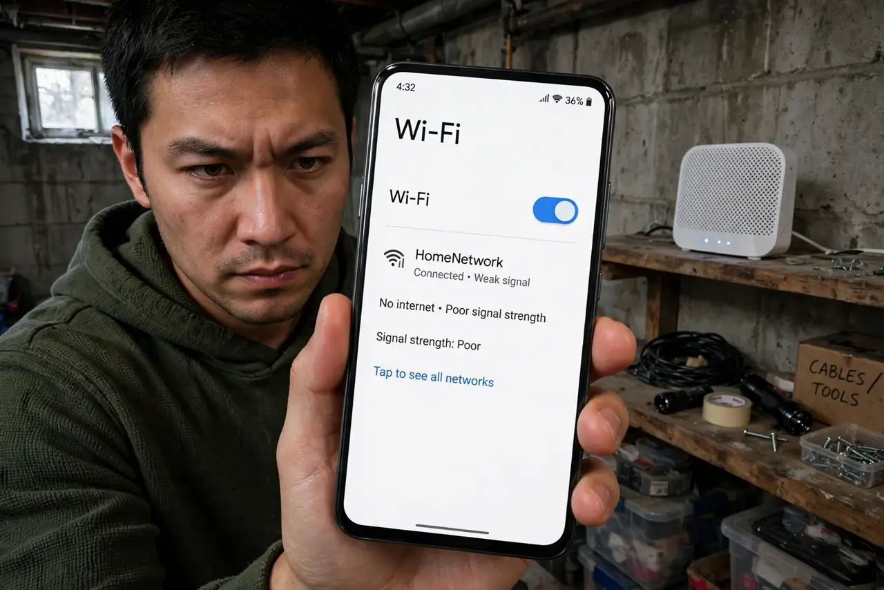 A person in a basement holding a real phone showing a weak Wi-Fi signal with legible text, concrete walls around them, a mesh node on a shelf nearby, the person's face determined.