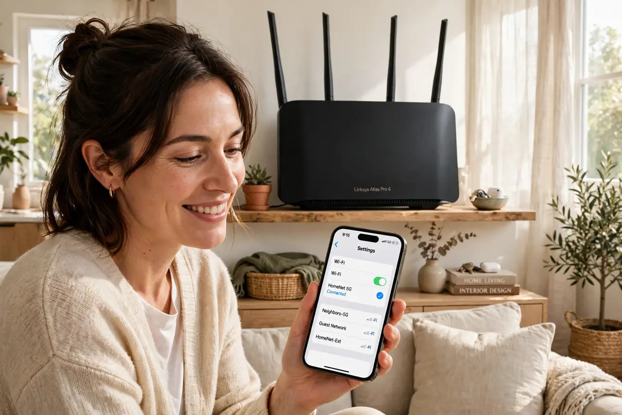 A person in a living room holding a real phone with a legible Wi-Fi signal indicator, a real router with antennas on a shelf behind, the person's face…
