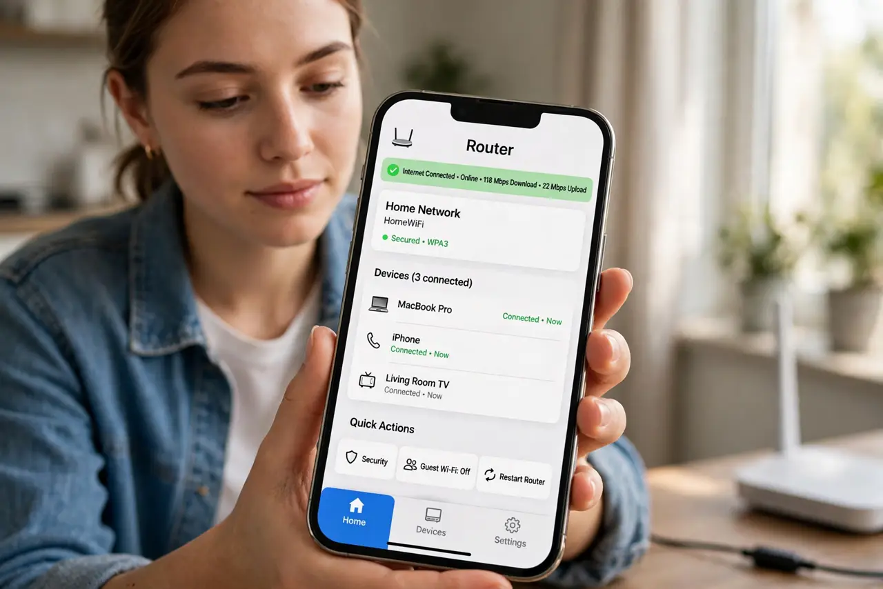 A person carrying out step one: open your router's app.