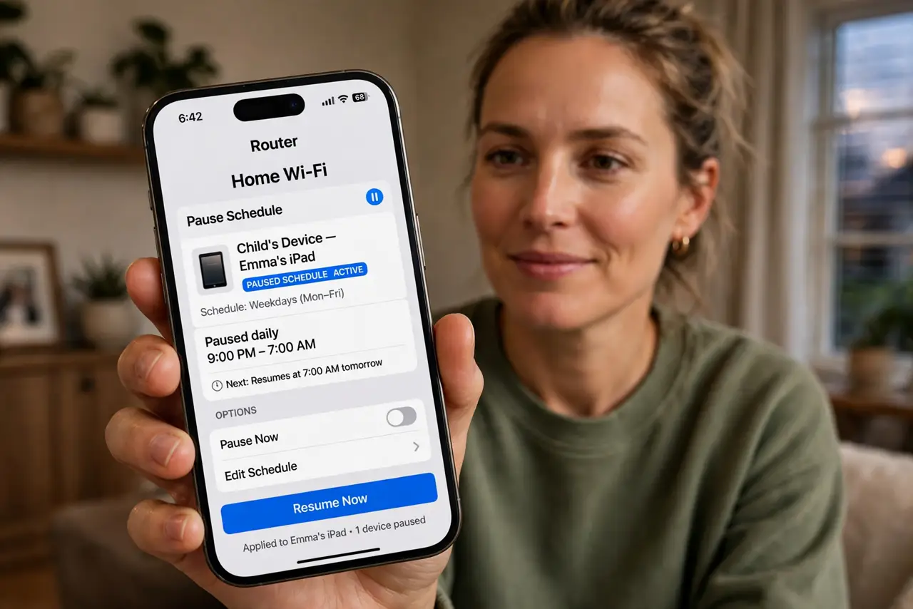 A parent holding a real phone showing a legible router app with a Wi-Fi pause schedule for a child's device, the parent's face calm and confident, home evening.
