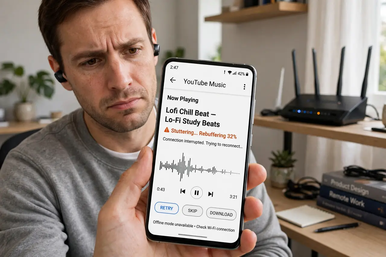 A person wearing wireless earbuds and holding a real phone showing a stuttering music app with legible text, a router on a nearby shelf, the person's face mildly annoyed, home office.