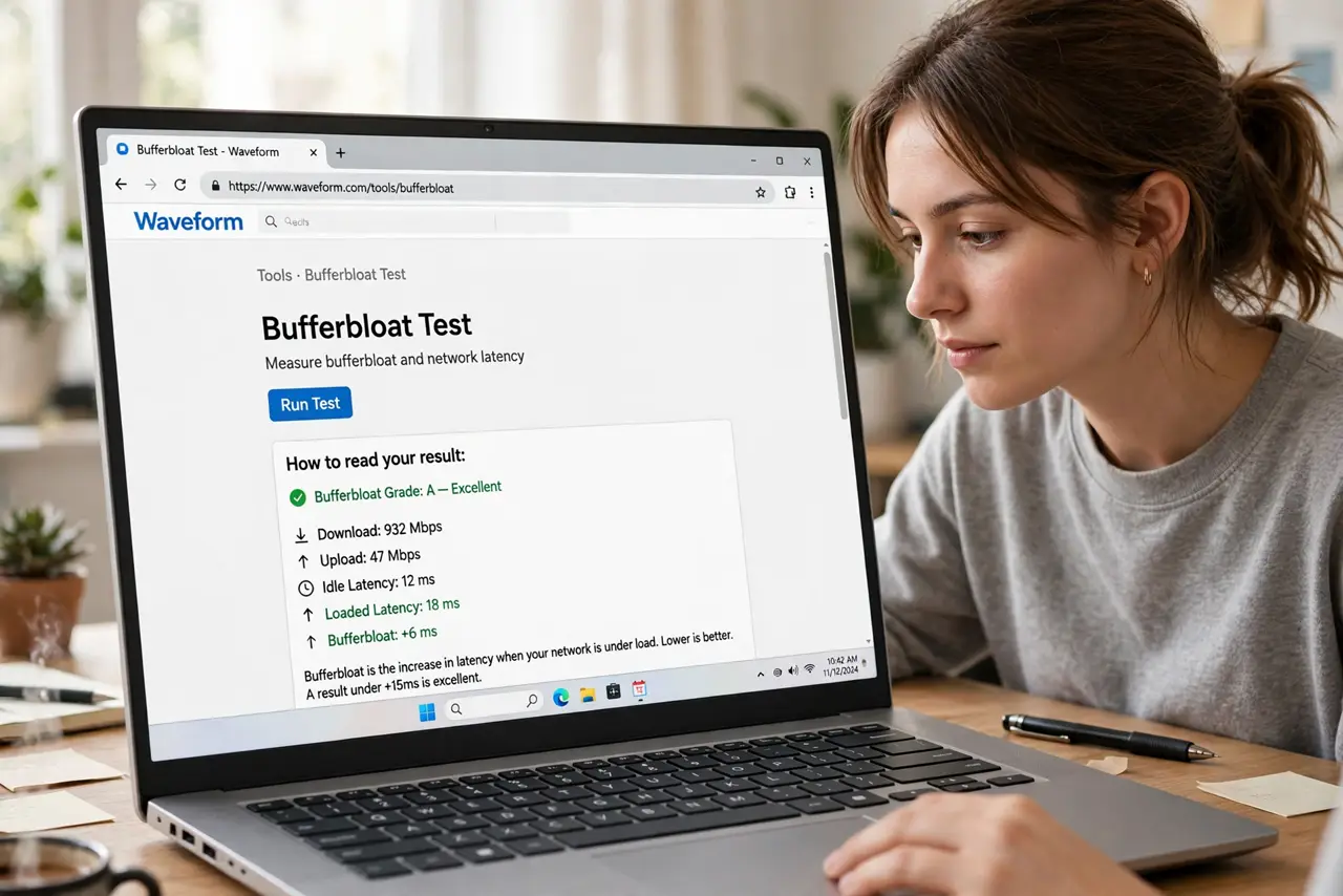 A person performing step 1: Test your bufferbloat grade.