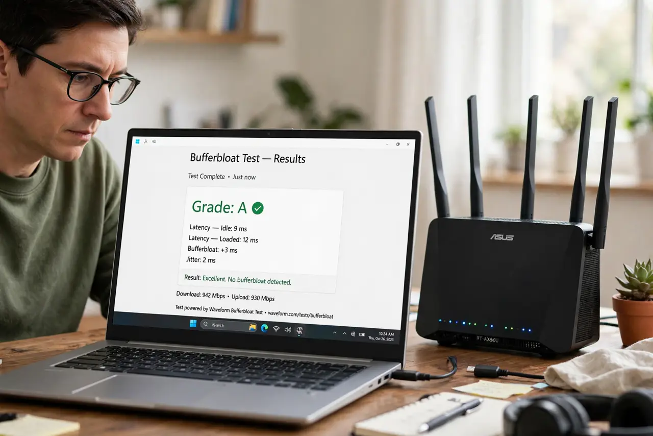 A person running a bufferbloat test on a real laptop showing a grade result fully legible, a real router beside the laptop, the person's face focused in a home office.