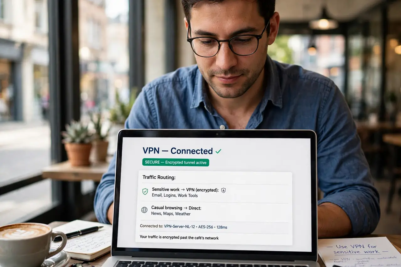 A person performing the first step of the guide: Use a VPN for sensitive work.