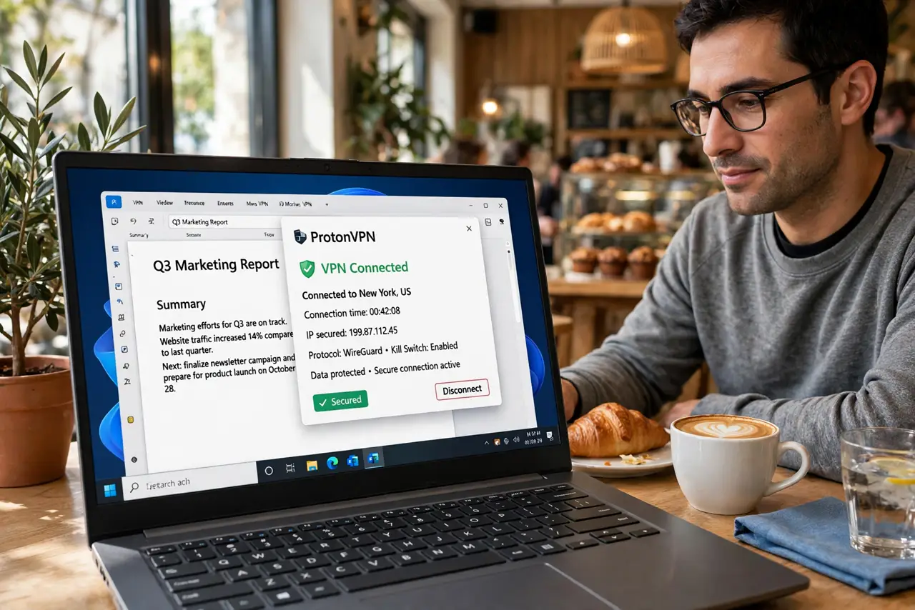a person working on a real laptop in a cozy café, VPN visibly connected with legible status, coffee beside, the person's face relaxed but aware, café interior.