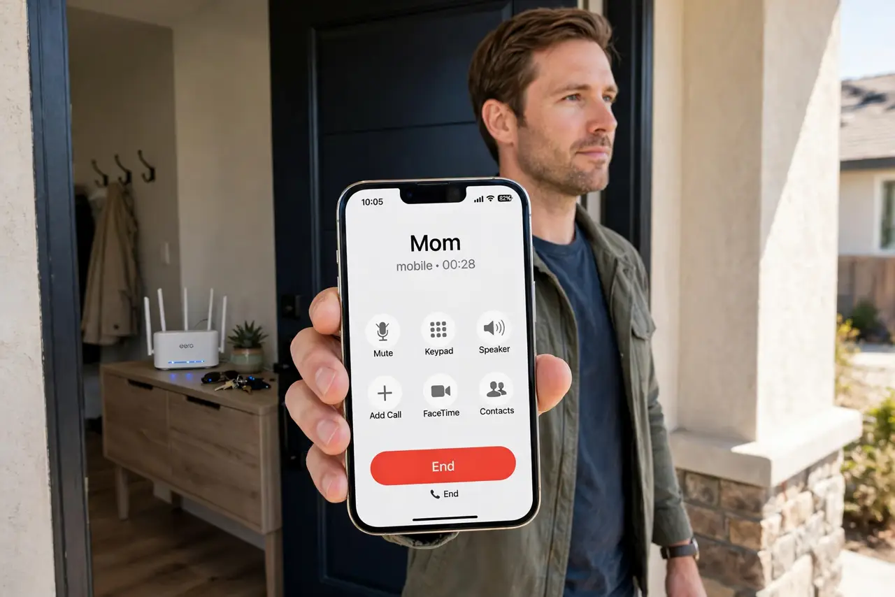 Wi-Fi Calls Drop When You Leave Home — a calm adult walking out a front door holding a real iPhone showing an active call screen with fully legible t