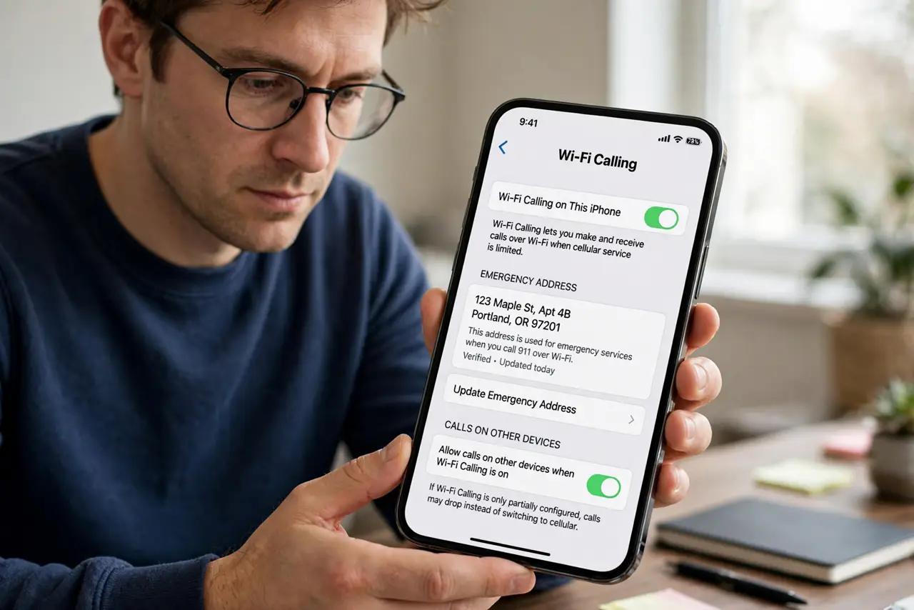 A person performing step 1 of the guide: Confirm Wi-Fi calling is fully on. Open phone settings and check Wi-Fi calling is enabled with your emergency address set. A half-configured feature drops calls instead of handing ...