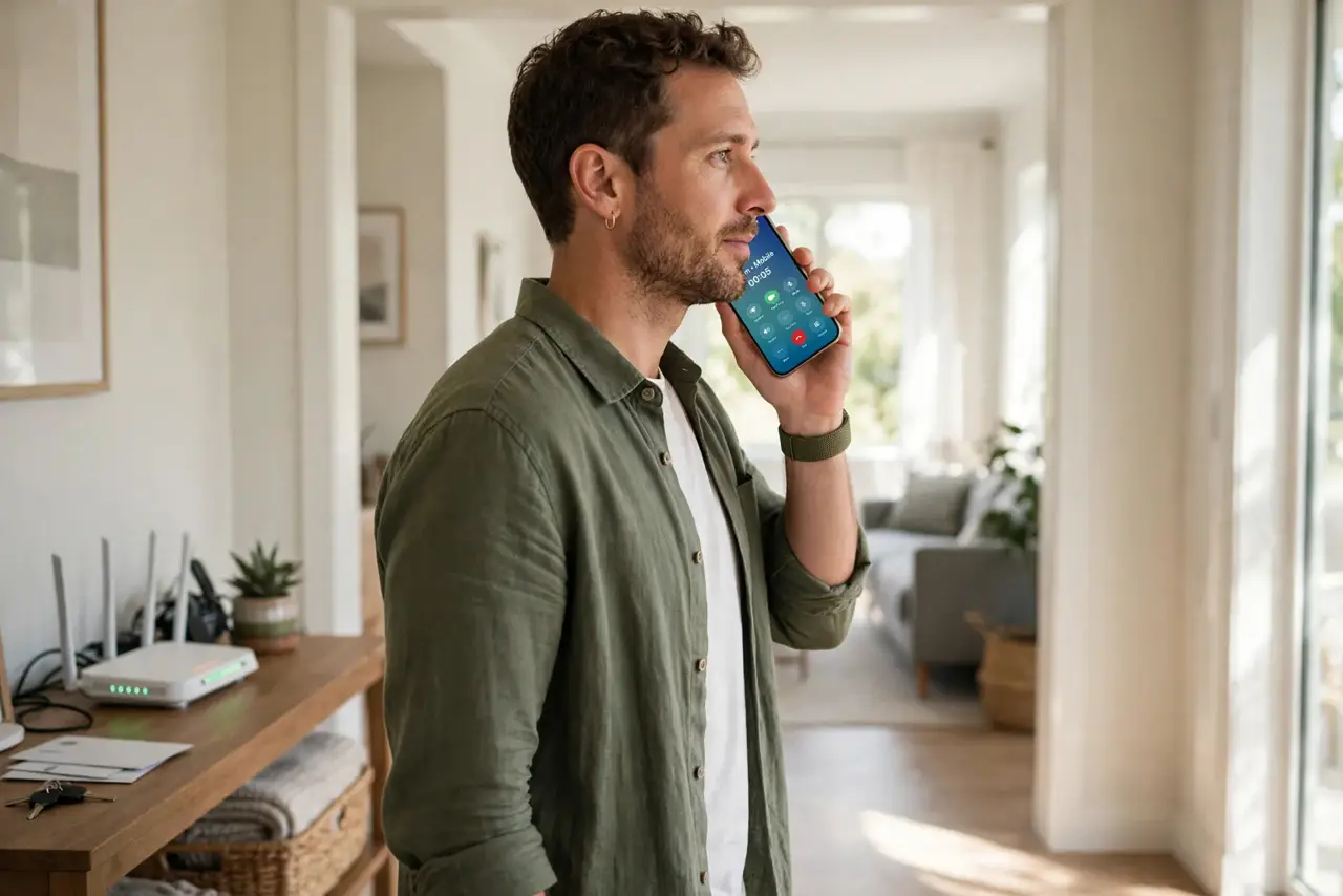 a calm adult walking through a home holding a real phone to their ear on a call, a router visible in the background room, mid-step. No black screen, no blank white screen, no fake or garbled screen text.