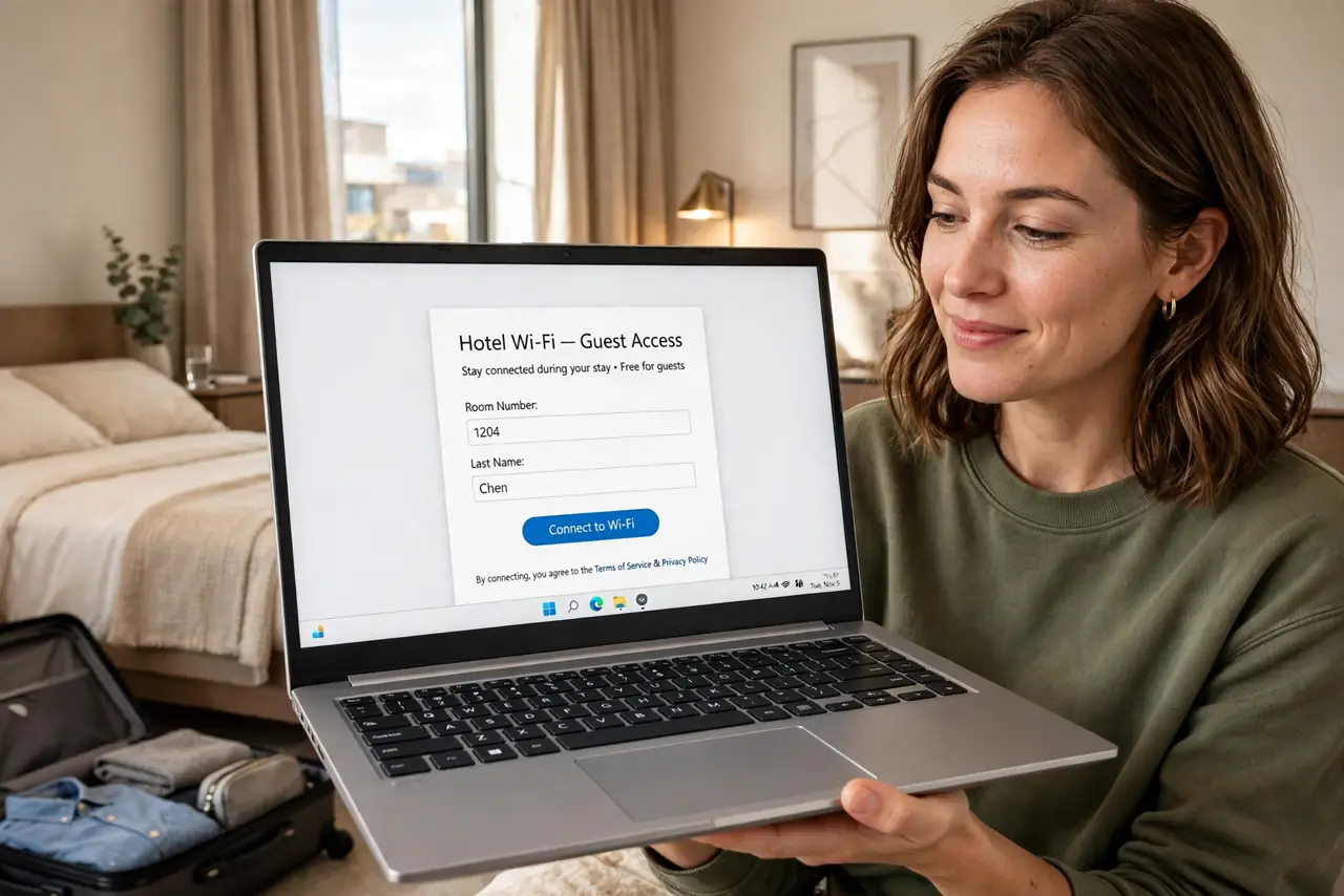 a person in a real hotel room holding a real laptop showing a Wi-Fi login portal page, a suitcase nearby, the person's face relieved, warm hotel lighting. No black screen, no blank.