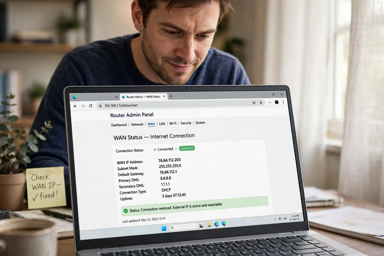 a person looking at a router admin page on a real laptop showing WAN IP information legibly, the person's face puzzled then understanding, home office.