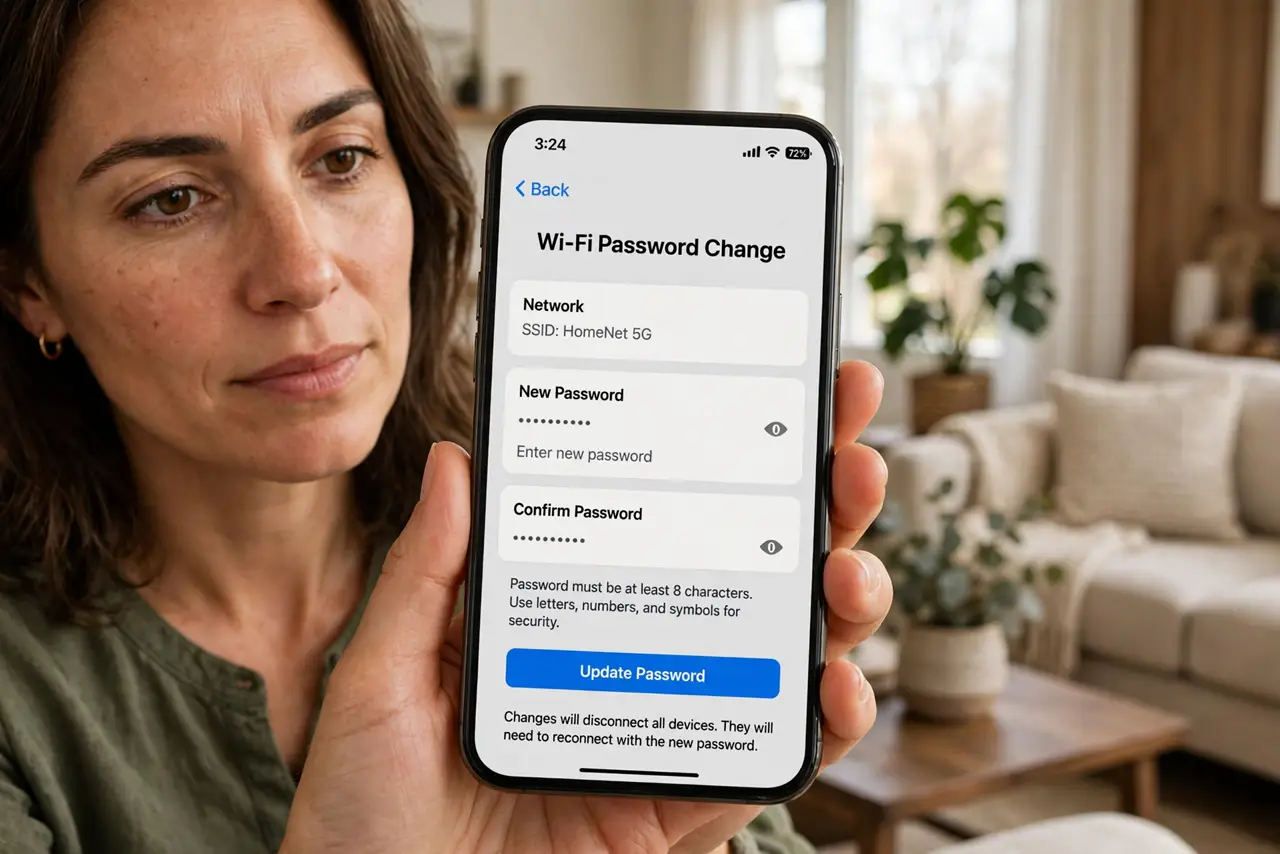 a person holding a real phone showing a router app with the legible Wi-Fi password change screen, the person's face determined, living room.