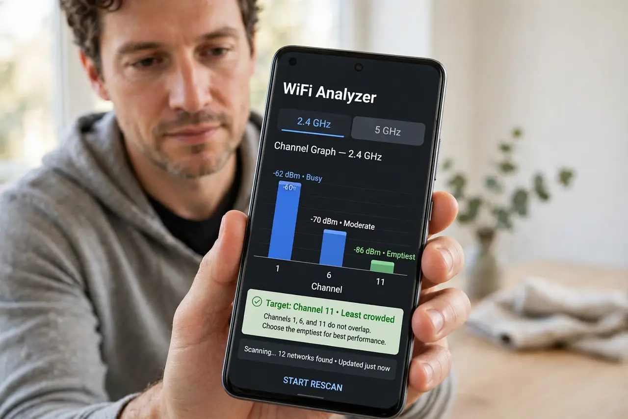 Wi-Fi Channels Are Congested in Your Building — step 1 being performed on the device.