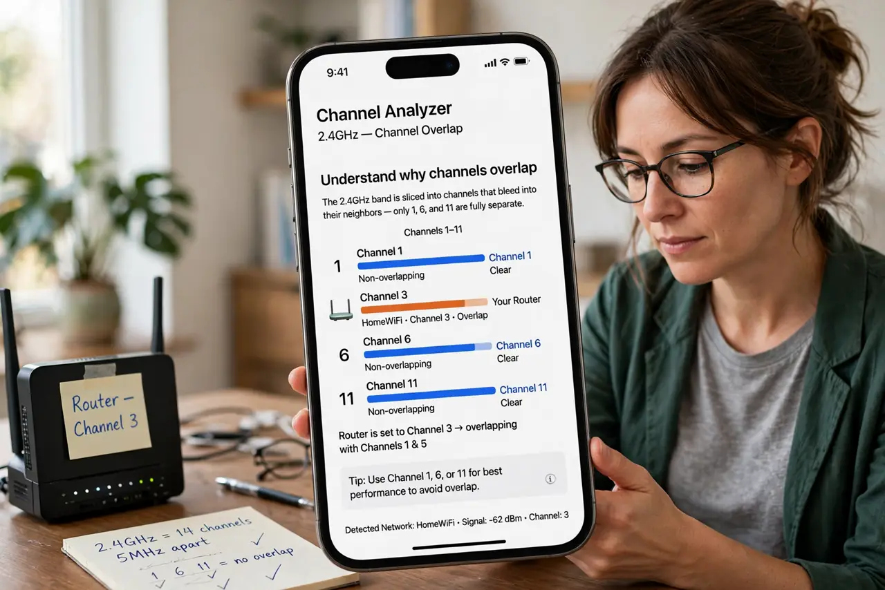 A person performing the guide's first step: Understand why channels overlap. The 2.4GHz band is sliced into channels that bleed into their neighbors — only 1, 6, and 11 are fully…