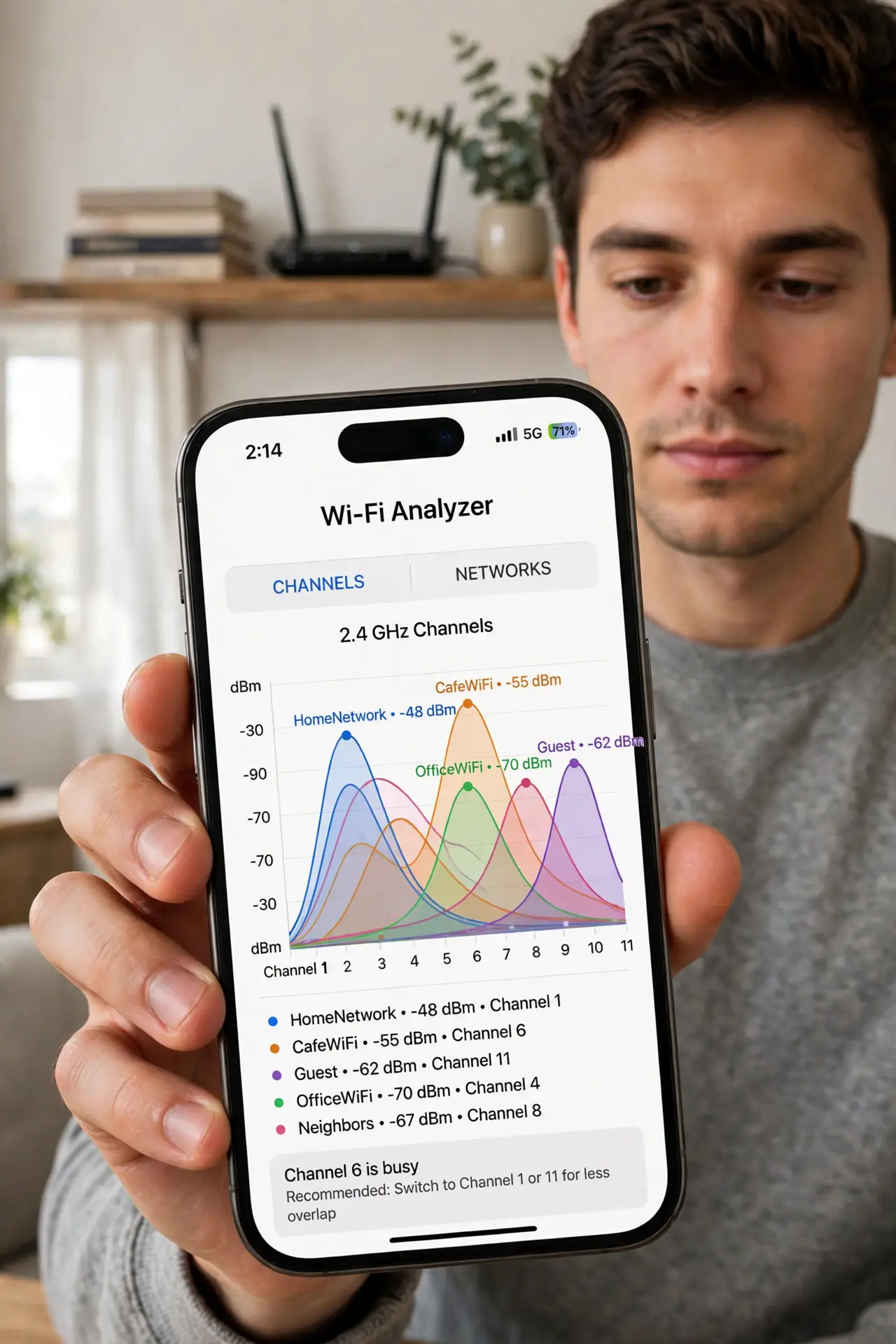 A person in an apartment holding a real phone showing a Wi-Fi analyzer app with a legible channel graph full of overlapping networks, a router on a shelf behind, the person's face concentrating..