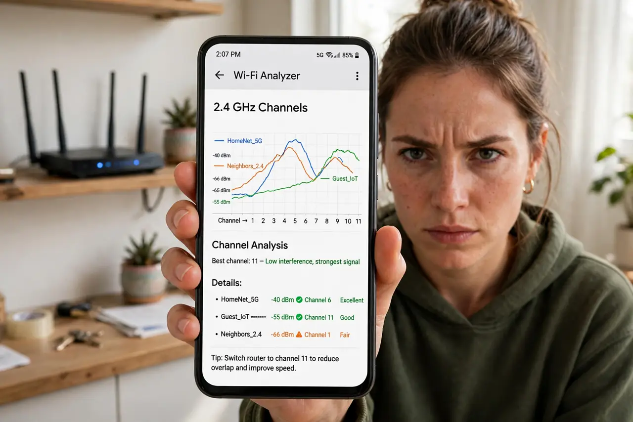 A person holding a real phone showing a Wi-Fi analyzer app with channel graphs fully legible, a real router on a shelf behind, the person's face determined in an apartment.