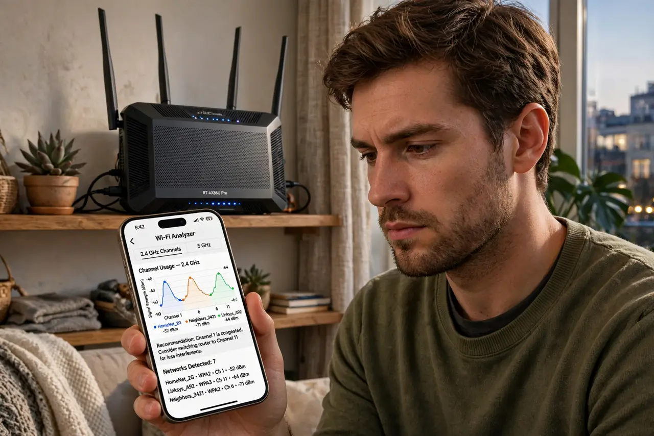 A person looking at a real phone showing a Wi-Fi analyzer app with channel graphs legible, a router visible on a shelf behind, the person's face thoughtful,…