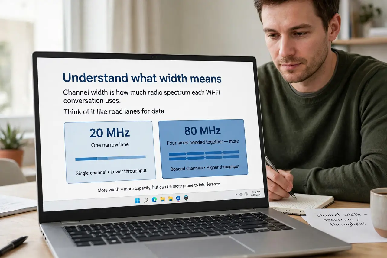 A person performing the guide's first step: Understand what width means. Channel width is how much radio spectrum each Wi-Fi conversation uses. 20MHz is one narrow lane; 80MHz is four…
