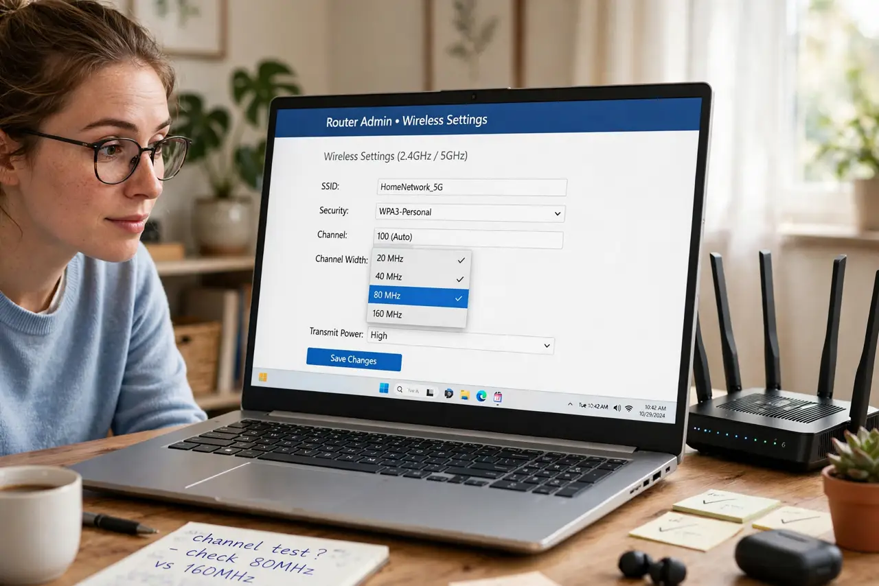 A person at a desk with a real laptop showing a router admin page with a legible channel width dropdown menu, a router beside the laptop, the person's face curious, home office..