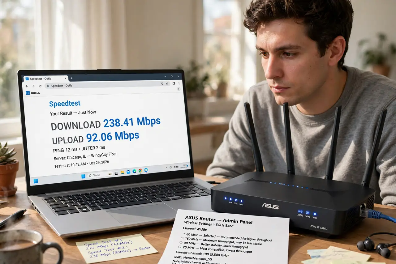 A person comparing speed test results on a real laptop next to a real router, the router admin page showing channel width options fully legible, the person's face thoughtful.