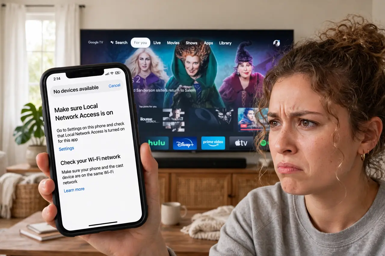 a person holding a real phone showing the cast button with no devices found, a real TV with Chromecast on the home screen behind them, the person's face frustrated, living room. No.