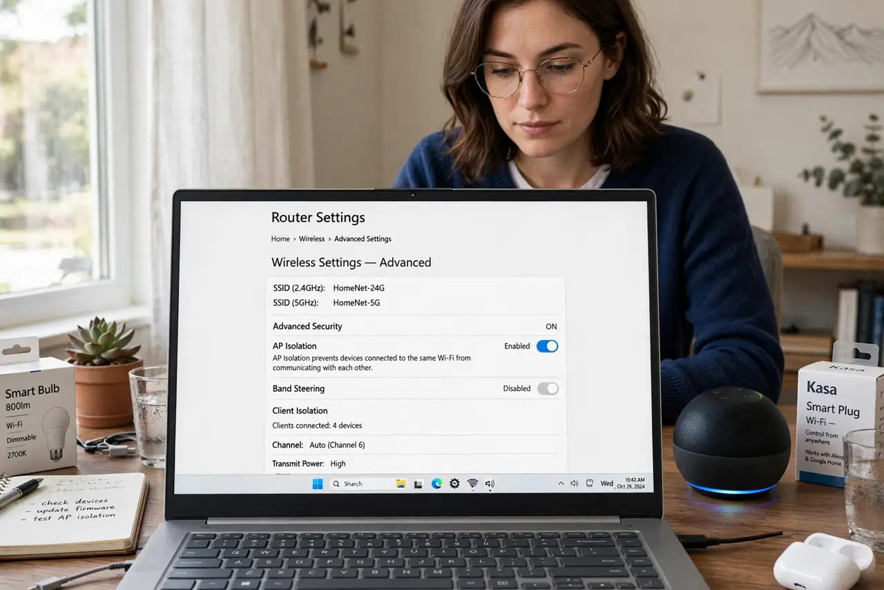 a person at a real desk with a laptop showing router settings with the legible AP isolation toggle, smart home devices nearby, the person's face focused, home office.