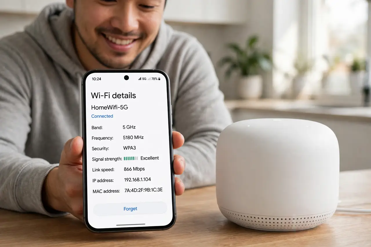 A person checking Wi-Fi band connection on a real phone next to a real mesh router node, the phone's Wi-Fi details showing the 5 GHz band fully legible, the person's face satisfied.