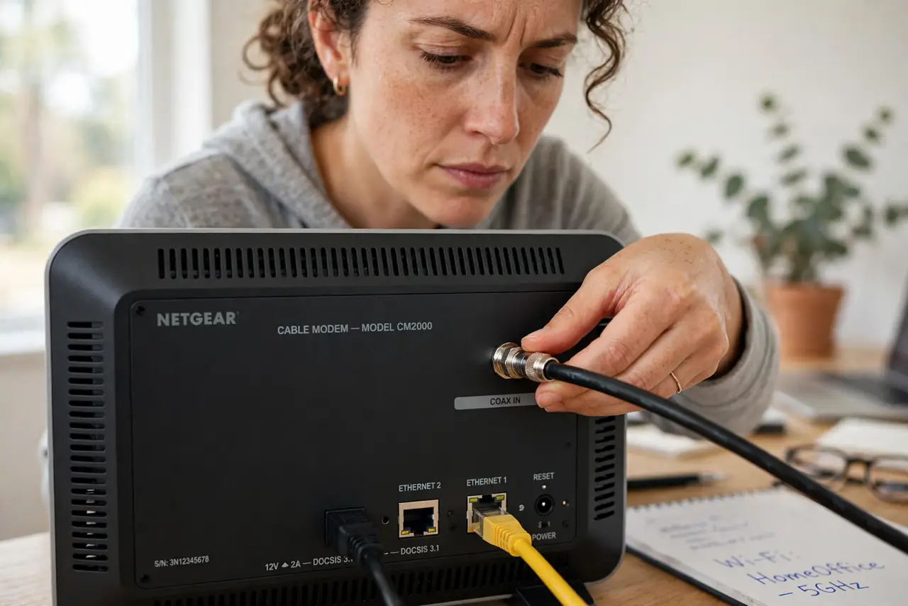 A person's hand finger-tightening a coax cable connector on the back of a real modem, the connector and cable clearly visible, the person's face focused in a home office.