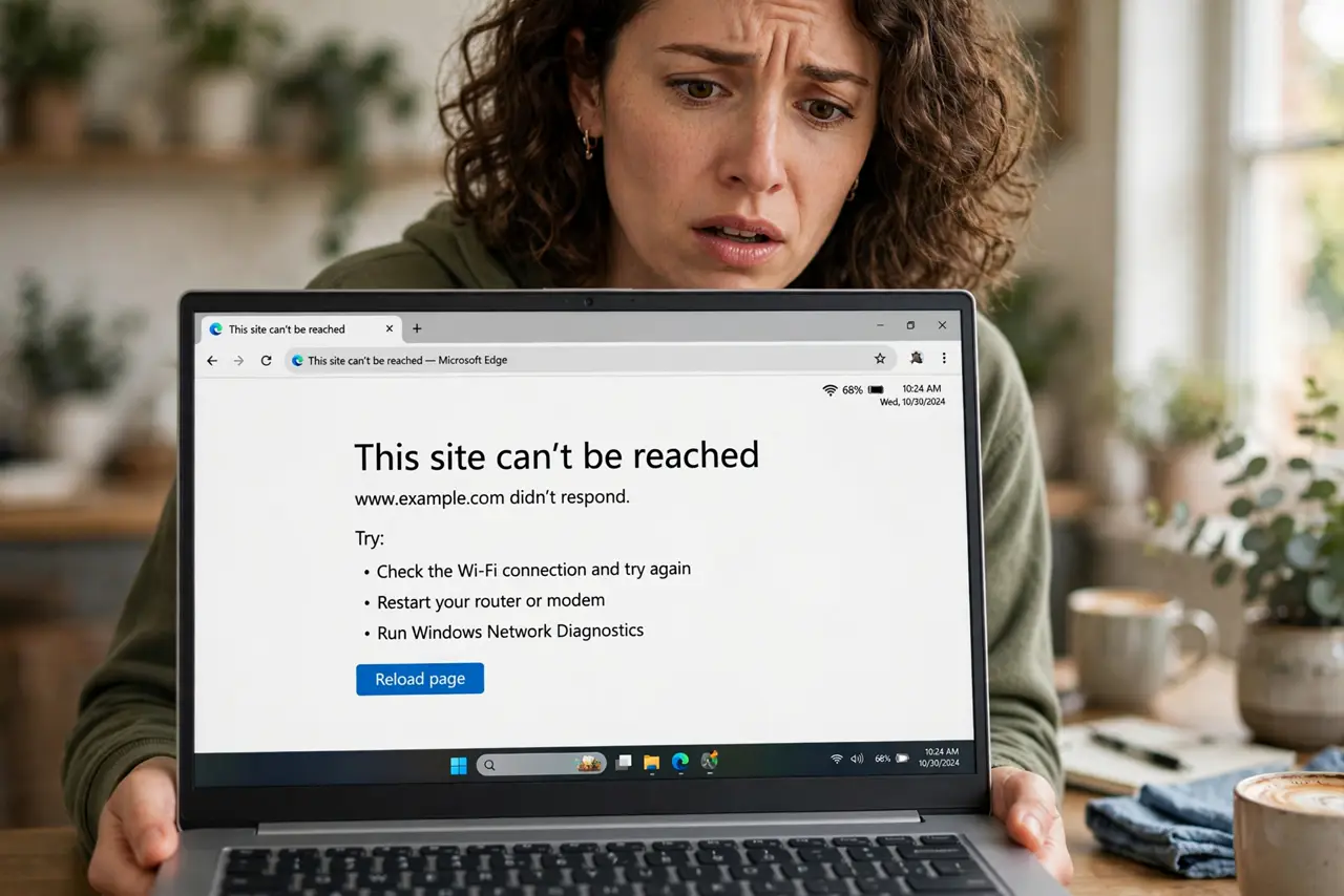 Wi-Fi Connected but No Internet — a person holding a real laptop showing a browser error page with legible text, the Wi-Fi icon showing full sig