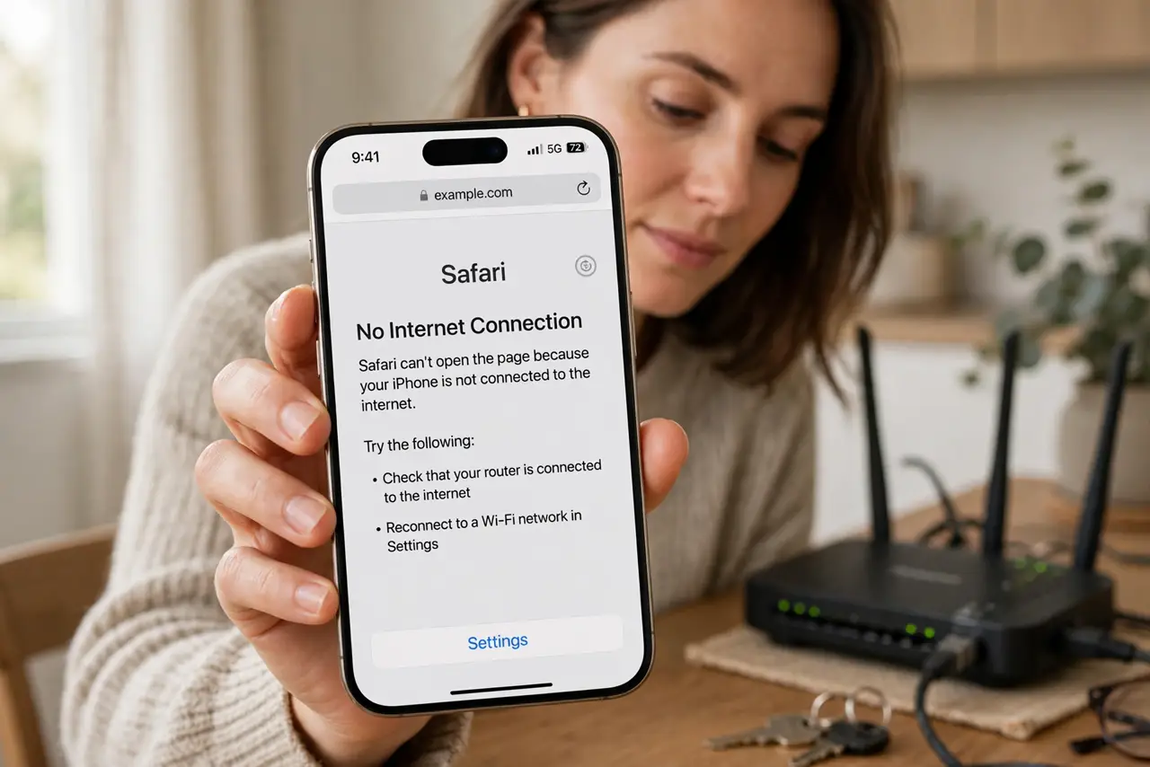 Photorealistic photo: A calm adult holding a real phone showing full Wi-Fi bars, the real browser error visible complete and legible, a real router nearby, the person checking calmly.