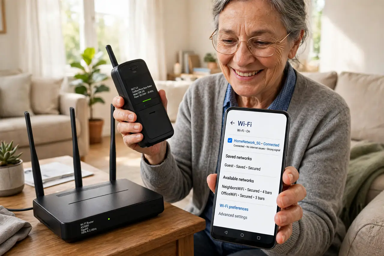 An older adult holding a cordless phone base station away from a Wi-Fi router on a side table, a real phone showing a Wi-Fi settings screen with legible text, the person's face relieved, living room.