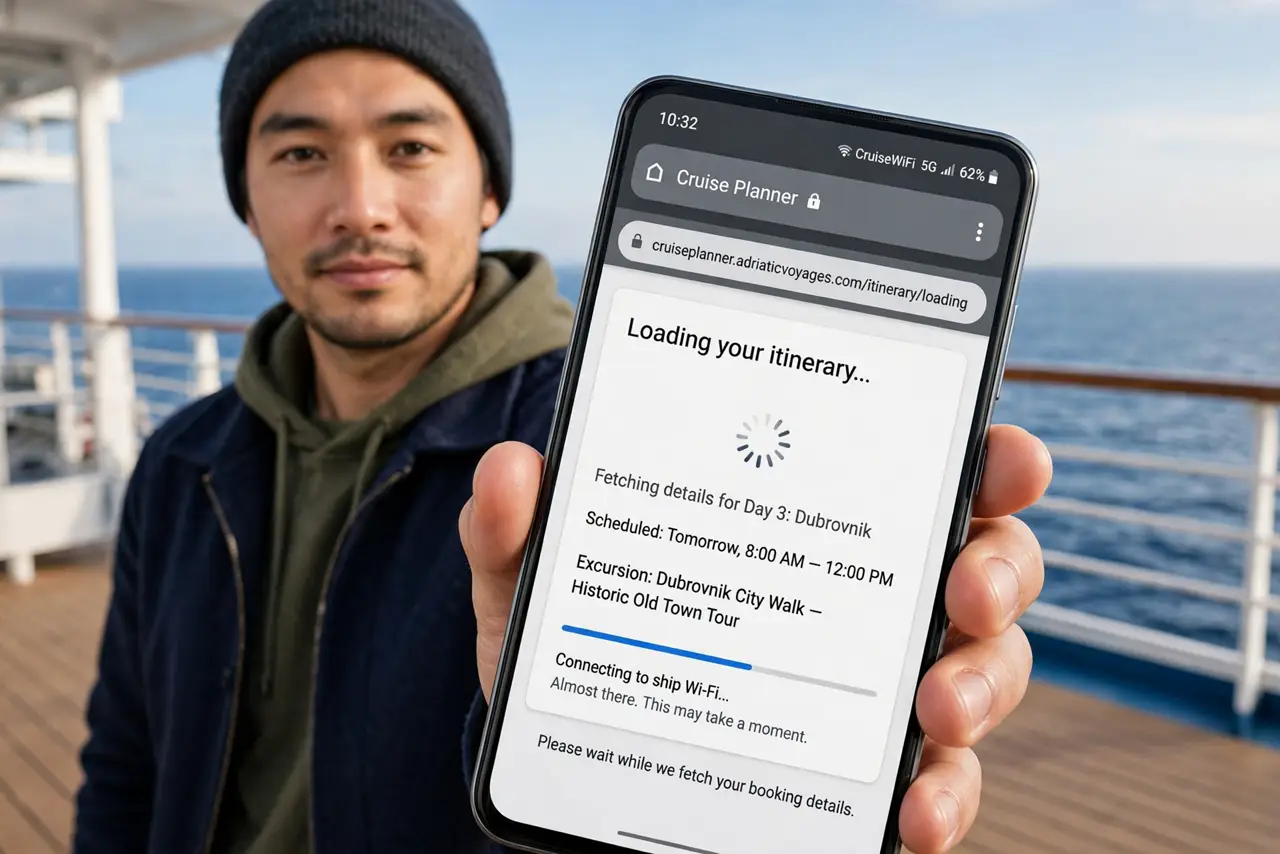 A traveler on a cruise ship deck holding a real phone showing a slow-loading page with legible text, ocean behind, the person's face patient.