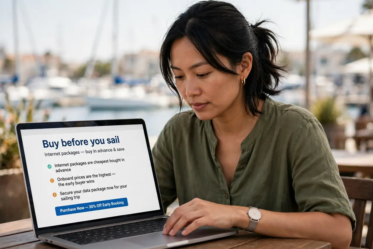 A person performing the first step of the guide: Buy before you sail.