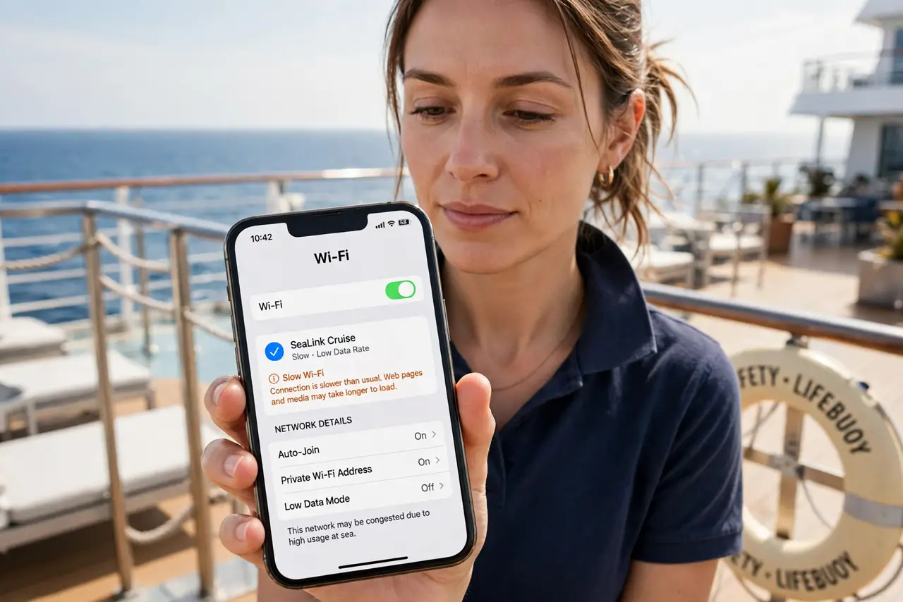 a person checking a real phone on a cruise ship deck showing a legible slow Wi-Fi connection, ocean behind, the person's face managing expectations, cruise setting.