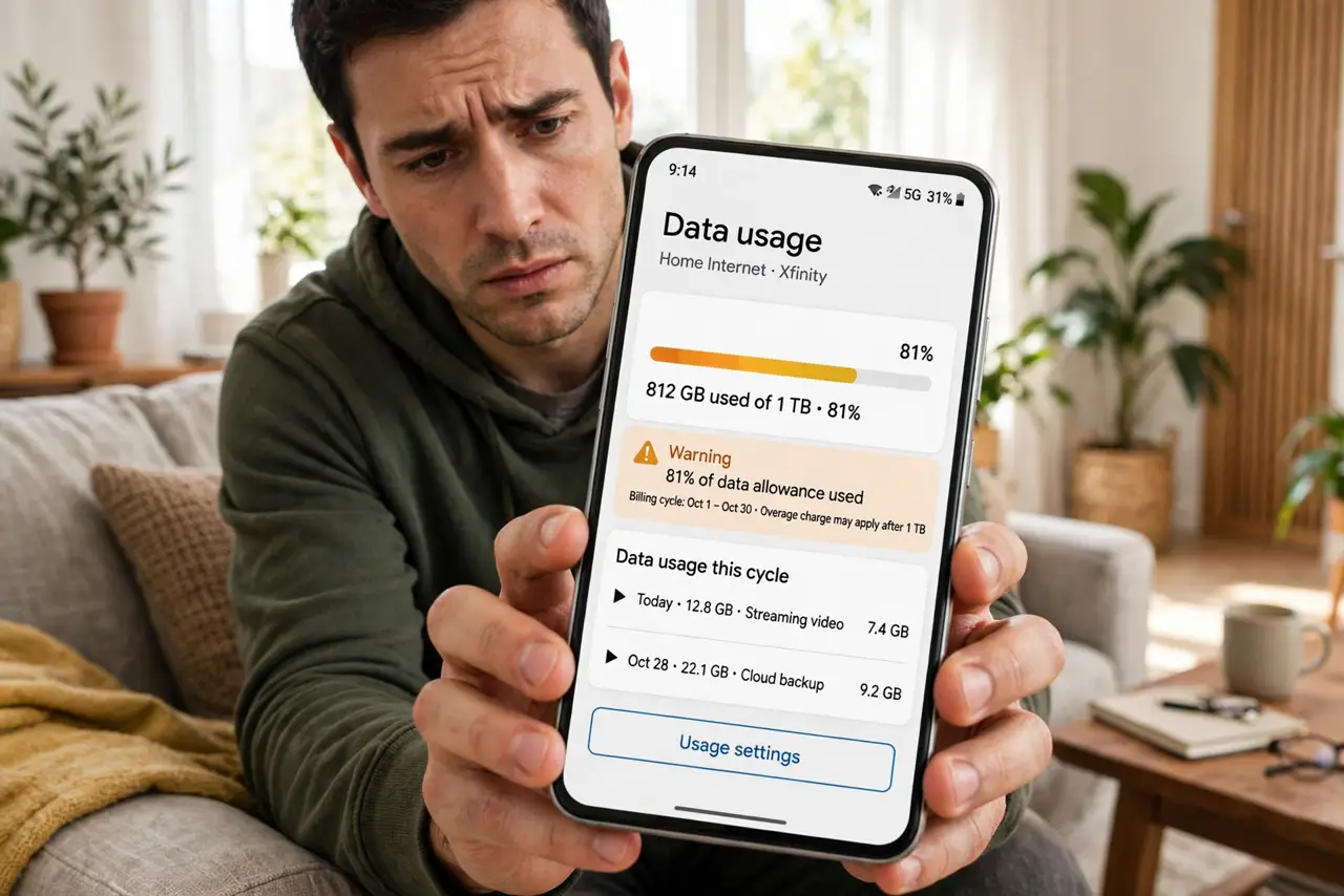 A person holding a real phone showing an ISP data usage meter with legible numbers and a warning bar, sitting on a couch, the person's face concerned, living room.