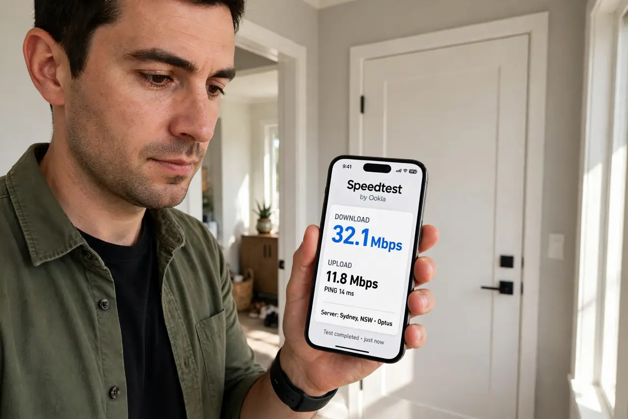 A person performing step 1 of the guide: Prove the door is the blocker. Stand in the room with the door open and run a speed test, then close it and test again. A big drop with the door closed confirms the diagnosis in on...