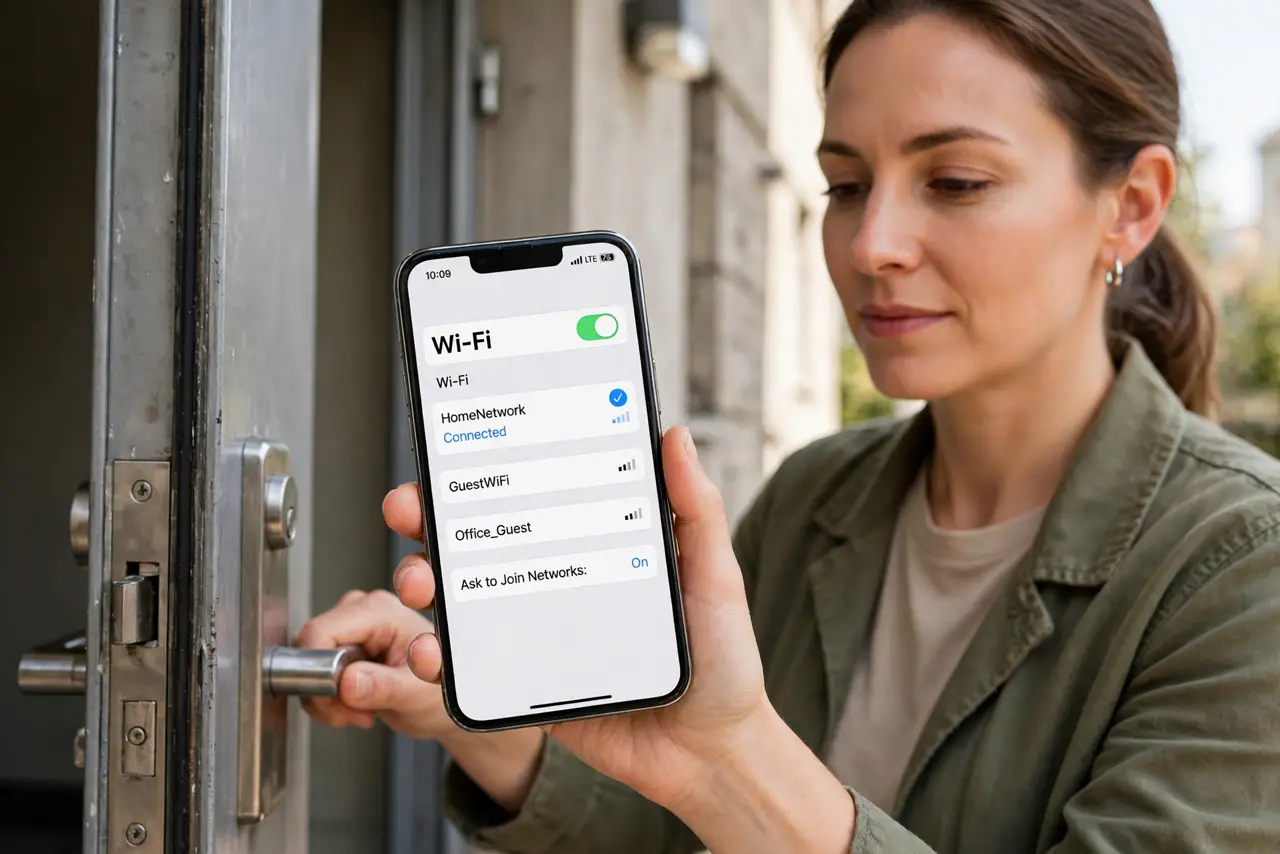 a calm adult opening a real metal door, phone in hand showing a Wi-Fi signal screen with legible bars, the metal door clearly visible. No black screen, no blank white screen, no fake or garbled screen text.