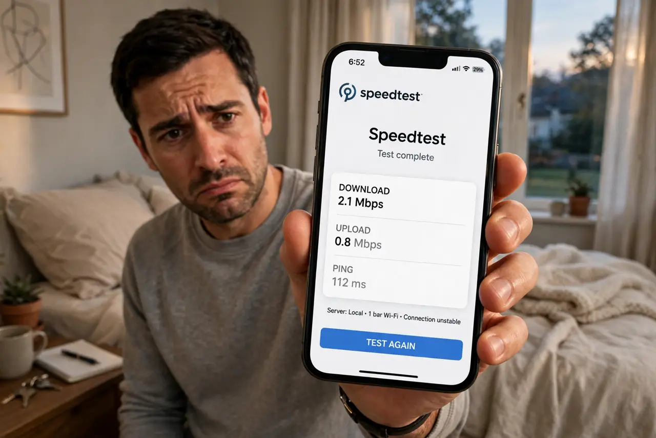 a person standing in a real bedroom holding a phone showing one Wi-Fi bar and a legible speed test, the person's face frustrated, evening light.