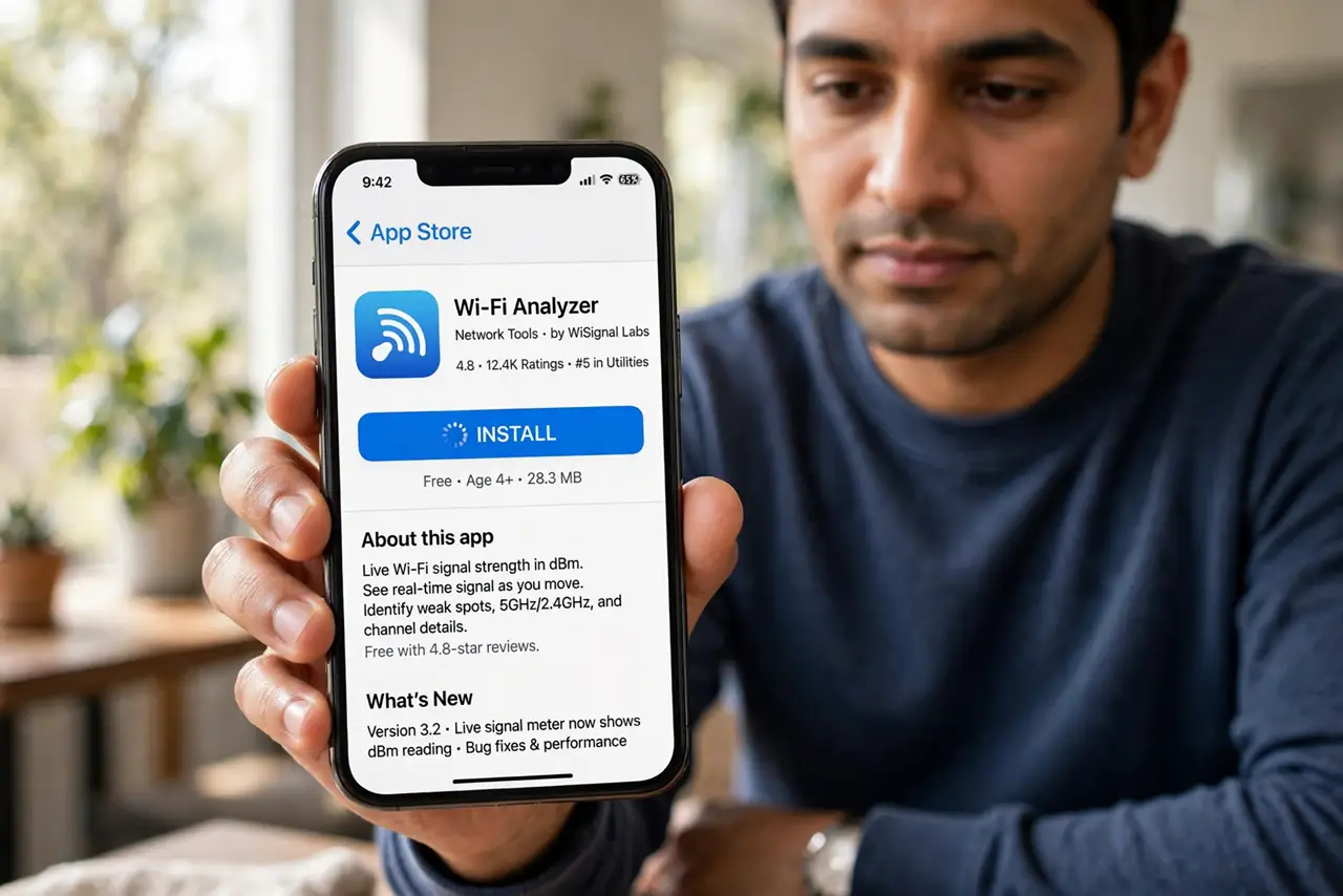 A person performing step 1: Install a Wi-Fi analyzer app. Free analyzer apps on iPhone and Android show live signal strength in dBm as you.