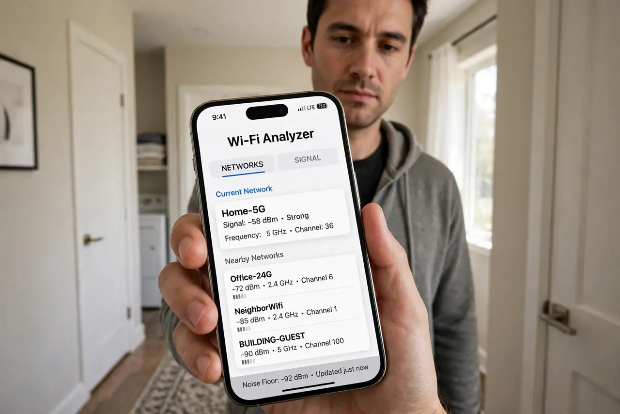 A person walking through a home holding a real smartphone showing a Wi-Fi analyzer app with legible signal readings, the person's face investigative, hallway.