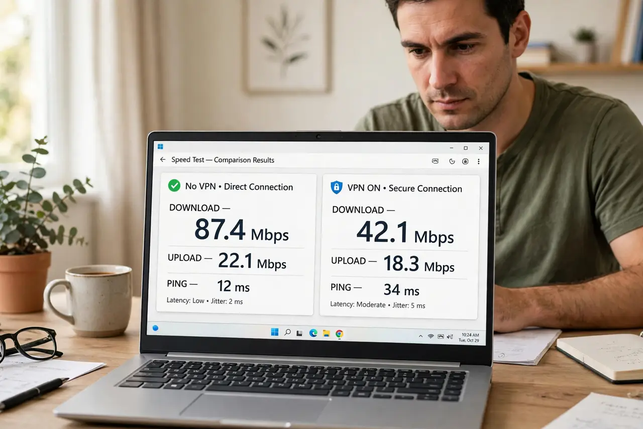A person at a desk with a real laptop showing two speed test results side by side with legible numbers, one with VPN on, the person's face focused, home office.